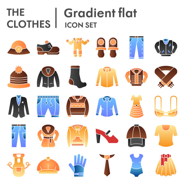 服装平面图标集，服装符号收集，矢量草图，标志插图，服装标志颜色梯度象形图包装孤立在白色背景，eps 10。图片下载