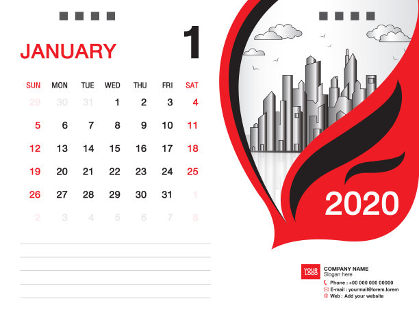 台历2020模板矢量，2020年1月，商务布局，8x6英寸，周日开始，文具设计，印刷媒体，出版模板图片下载