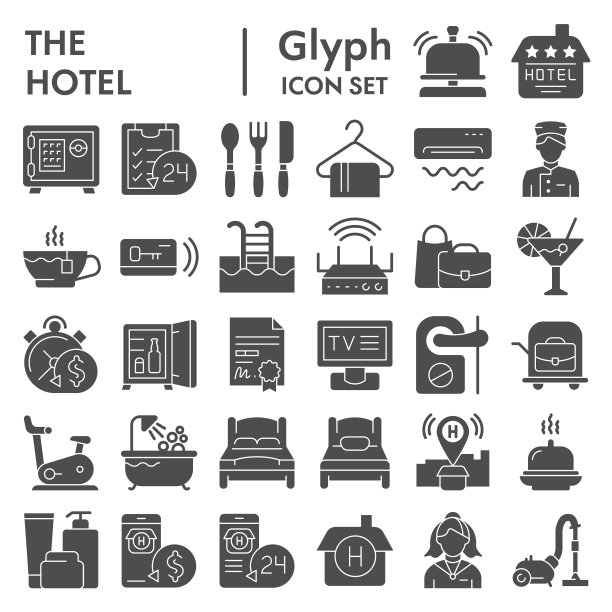 酒店象形图标集，服务符号收集，矢量草图，标志插图，旅馆标志固体象形图包装孤立在白色背景，eps 10。图片下载