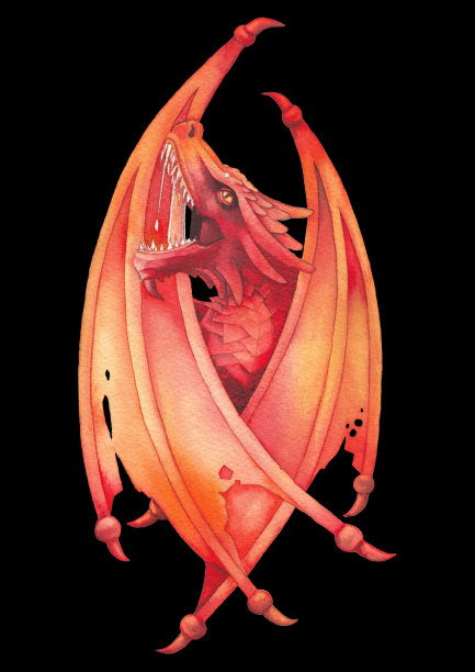 怒吼水彩龙与关闭的翅膀在红色。图片下载