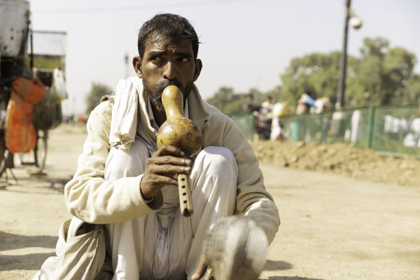印度新德里，耍蛇人和他的眼镜蛇图片下载