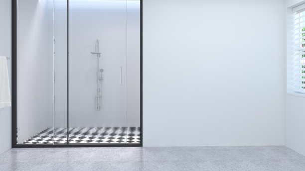 空白空间洁净白色空浴室内饰，卫生间，淋浴间，现代家居设计背景白色瓷砖浴室3d渲染图片下载