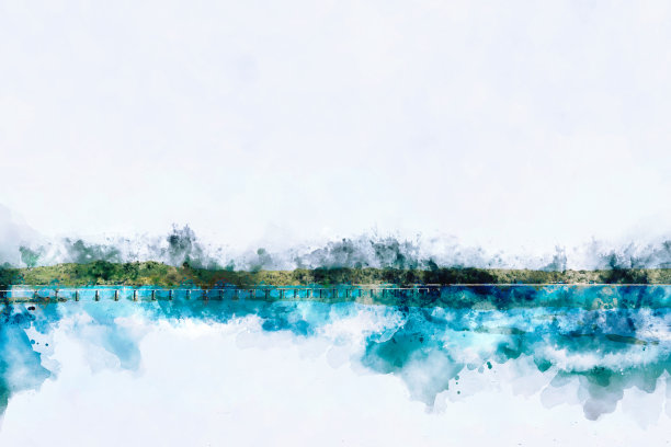 沙滩在岛上，蓝色的海水在海里，数字水彩画图片下载