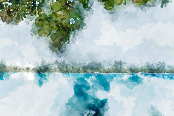 沙滩在岛上，蓝色的海水在海里，数字水彩画图片下载