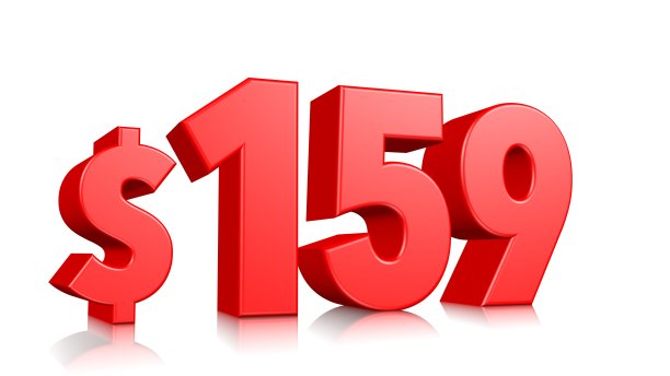 159美元159的价格符号。红色文本数字3d渲染与美元符号在白色背景图片下载
