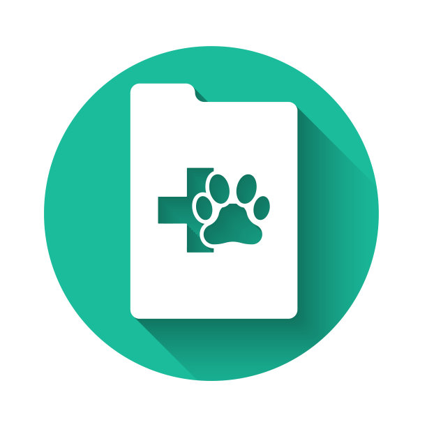 带有医疗临床记录宠物图标的白色剪贴板，带有长阴影。医疗保险形式。体检报告绿色圆圈按钮。矢量图图片下载