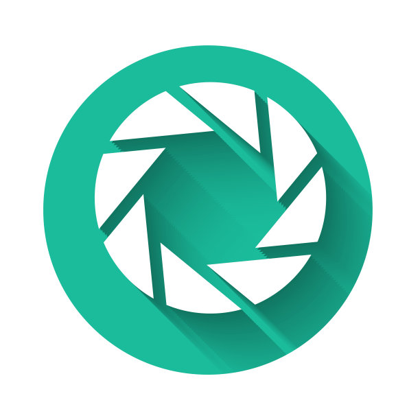 白色快门图标与长阴影隔离。绿色圆圈按钮。矢量图图片下载