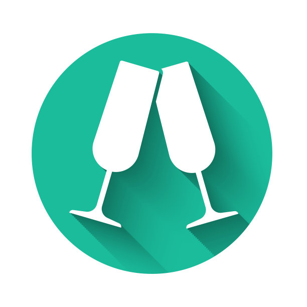 白色酒杯的香槟图标孤立与长影子。绿色圆圈按钮。矢量图图片下载