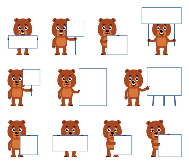 一套卡通泰迪熊人物摆姿势与各种空白横幅。滑稽小熊抱着纸，海报，布告，指向白板。教,做广告。图片下载