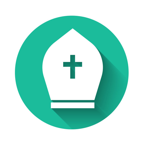 白色教皇帽图标孤立与长影子。基督教的帽子的迹象。绿色圆圈按钮。矢量图图片下载