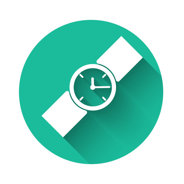 白色腕表图标孤立与长影子。手表图标。绿色圆圈按钮。矢量图图片下载