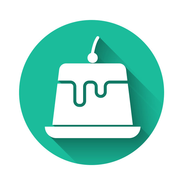 白布丁蛋奶冻与焦糖釉图标孤立与长阴影。绿色圆圈按钮。矢量图图片下载