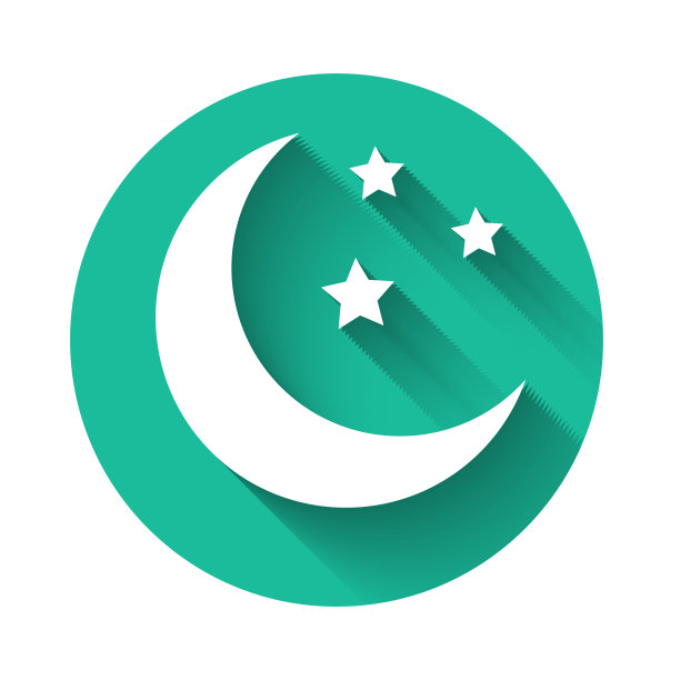 白色月亮和星星的图标孤立与长影子。绿色圆圈按钮。矢量图图片下载