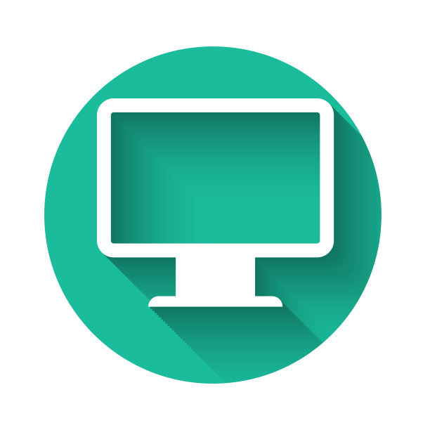 白色电脑显示器屏幕上的图标与长阴影隔离。电子装置。前视图。绿色圆圈按钮。矢量图图片下载