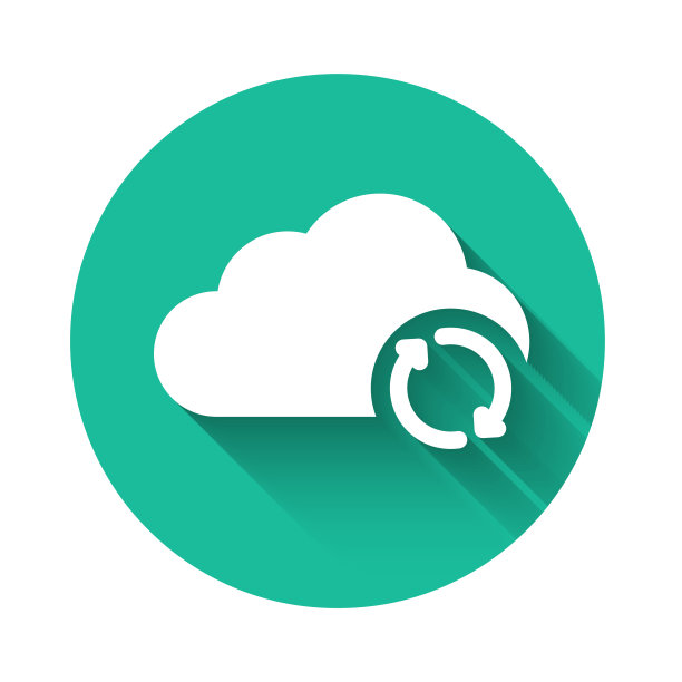 白云同步刷新图标隔离与长阴影。云计算和箭头。绿色圆圈按钮。矢量图图片下载