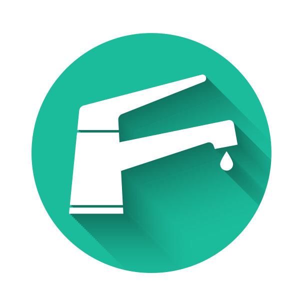 白色水龙头与下落的水滴图标孤立与长影子。绿色圆圈按钮。矢量图图片下载