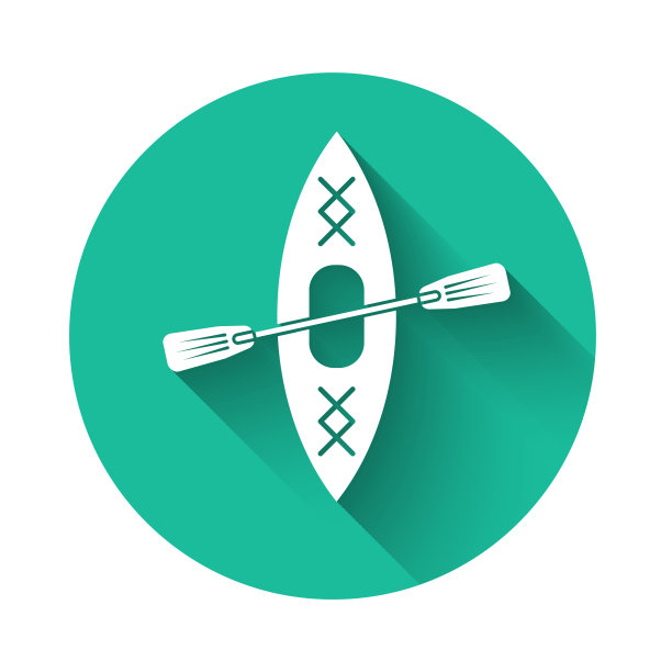 白色皮艇和桨图标孤立与长影子。用于钓鱼和旅游的皮划艇和独木舟。户外活动。绿色圆圈按钮。矢量图图片下载