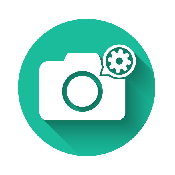 白色照片相机和齿轮图标孤立与长影子。调整app，服务理念，设置选项，维护，维修，固定。绿色圆圈按钮。矢量图图片下载
