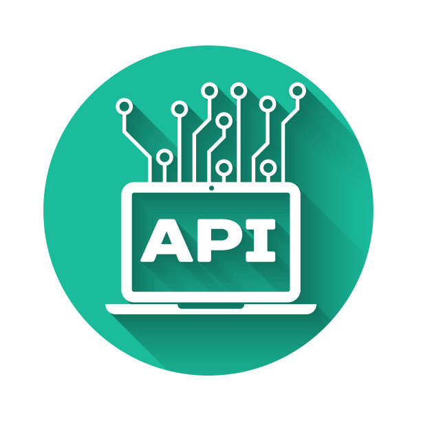 白色的计算机api接口图标孤立的长阴影。应用编程接口API技术。软件集成。绿色圆圈按钮。矢量图图片下载