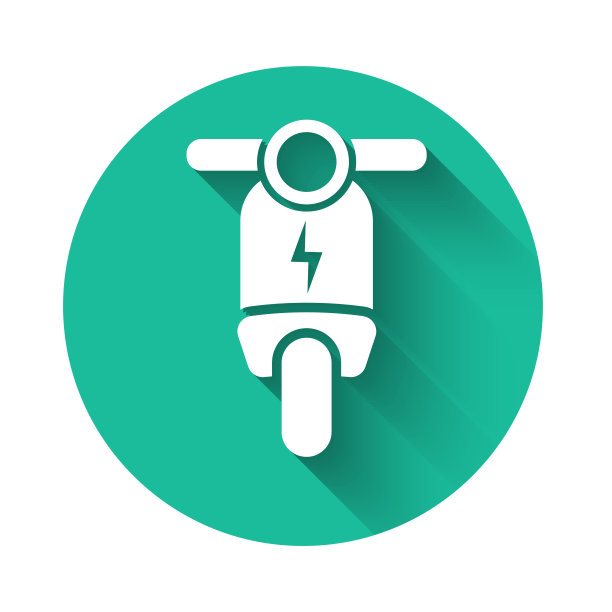 白色电动踏板车图标，带有长长的影子。绿色圆圈按钮。矢量图图片下载