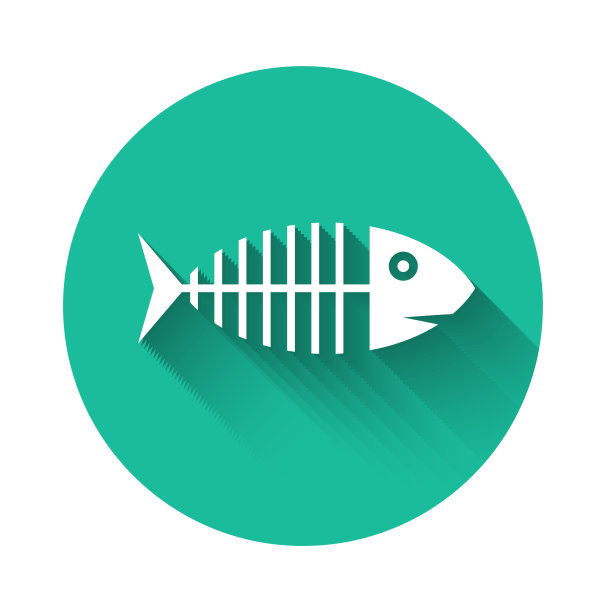 白鱼骨架图标孤立与长影子。鱼骨头的迹象。绿色圆圈按钮。矢量图图片下载
