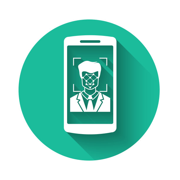 白色手机和人脸识别图标隔离与长阴影。人脸识别扫描仪图标。面部id。网络安全的概念。绿色圆圈按钮。矢量图图片下载