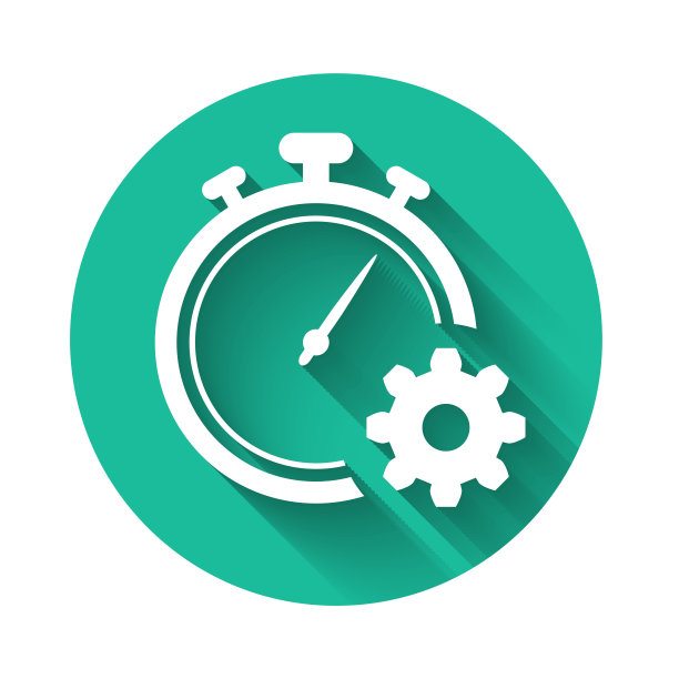 白色时间管理图标孤立与长影子。时钟和齿轮标志。生产力的象征。绿色圆圈按钮。矢量图图片下载