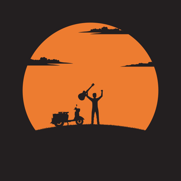 剪影年轻男子拿着吉他在日落的背景图片下载