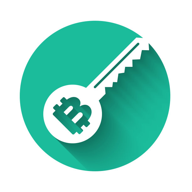 白色加密货币的关键图标与长影子隔离。网络安全概念或私钥，数字密钥与技术接口。绿色圆圈按钮。矢量图图片下载