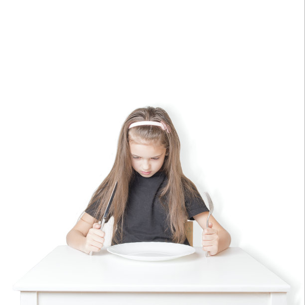 女孩拿着刀叉，空盘子，背景是白色。图片下载