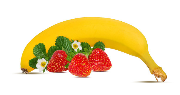 香蕉和草莓孤立在白色背景与修剪路径图片下载