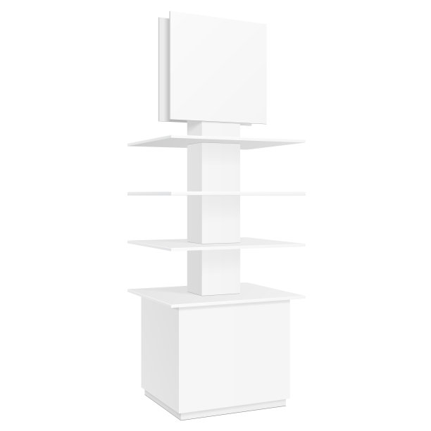 白色圆形POS POI纸板地板展示架超市空白空显示与货架上的产品在白色背景隔离。为你的设计做好准备。产品包装。向量EPS10图片下载