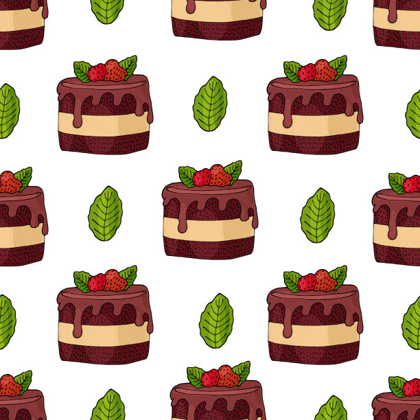 无缝图案与蛋糕用草莓和薄荷叶孤立在白色上图片下载