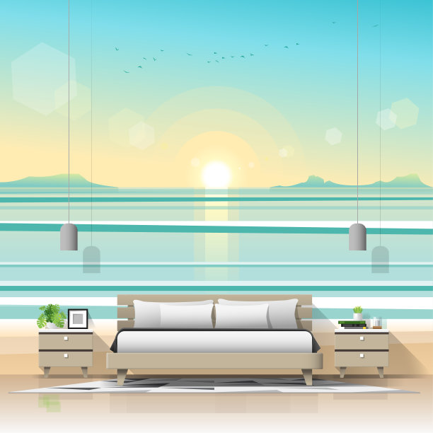 现代卧室与热带海滩壁纸背景，矢量，插图图片下载