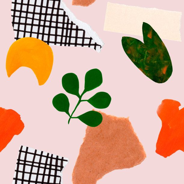 水粉和纸拼贴无缝图案。Trandy抽象拼贴画。剪出纸上的元素，草图，涂鸦，线条，点，花，叶子，形状。包装、封面等手绘插图图片下载