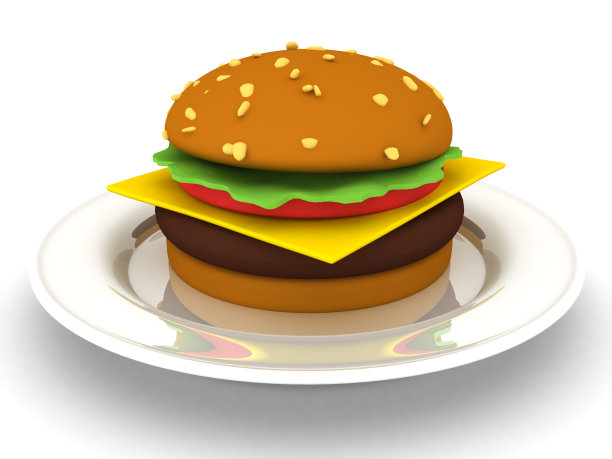 汉堡包在盘子上的3D渲染图片下载