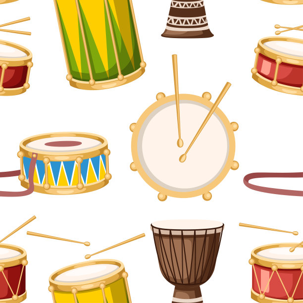 无缝模式。彩色鼓与鼓槌图标设置。收集乐器。平面矢量插图上的白色背景图片下载