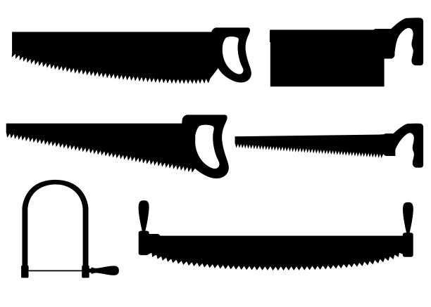 黑色的轮廓。手锯集合。木柄锯子。长钢片横切手锯。伐木工具。平面矢量插图孤立在白色背景上图片下载