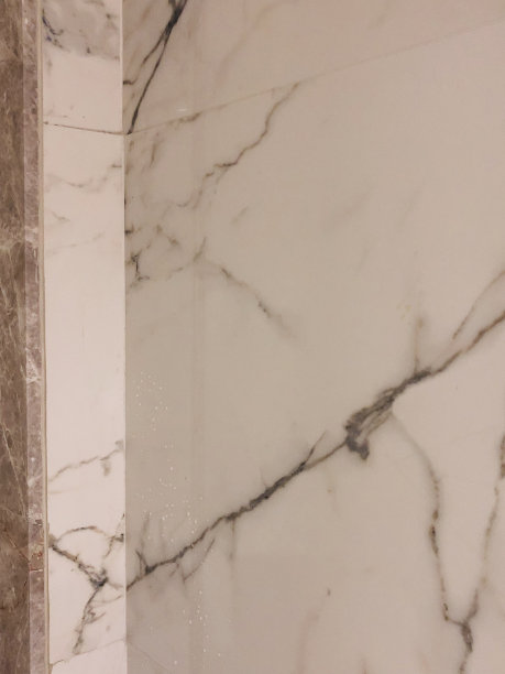 印度豪华浴室套房的白色大理石瓷砖与衣帽间/盥洗室墙上的照片显示了不同的大理石花纹和深色纹理图片下载