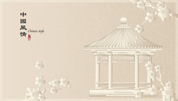 优雅复古的中国风格背景模板乡村景观建筑、亭台楼阁和樱花樱花图片下载