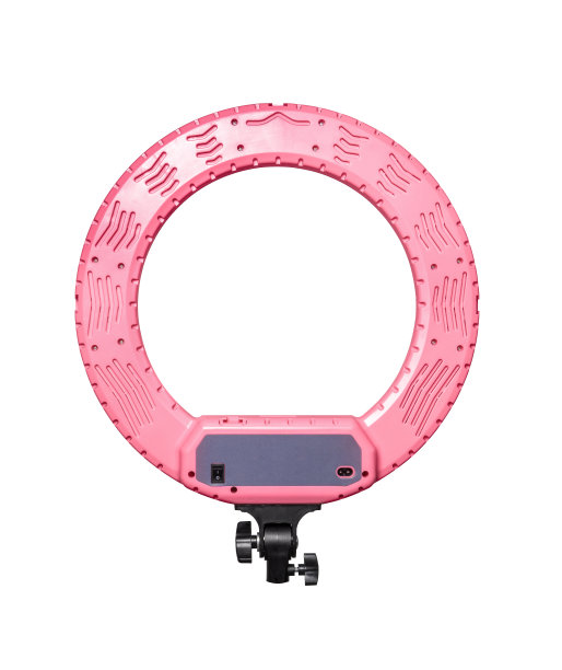 特写圆形霓虹灯LED灯孤立的白色背景。流行的现代光化妆和美容肖像。图片下载