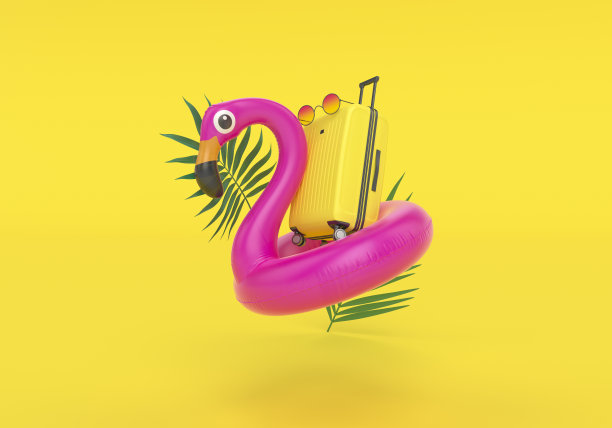 火烈鸟和黄色行李箱的夏季度假旅游概念，图片下载