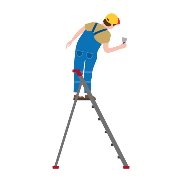 工作人员在活梯上涂抹石膏。矢量插图,孤立。建筑业、修理业、新房、建筑内饰图片下载
