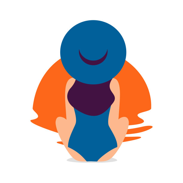 年轻女子身穿蓝色泳衣，戴着帽子，躺在沙滩上看日落图片下载