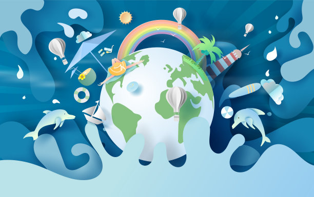 说明夏季环境全球地球旅行假日概念。夏季是泼水的炎热季节。创意设计纸艺术和剪纸与粉彩简单的颜色。度假时让人放松。向量。图片下载