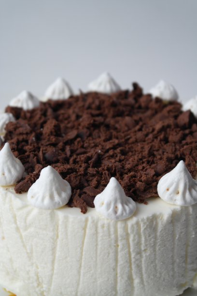 上面有巧克力屑的白色蛋糕，上面有蛋白酥皮，背景很浅图片下载