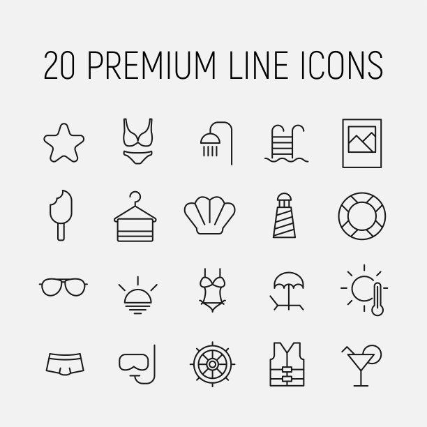 与海滩相关的线条图标的简单集合图片下载