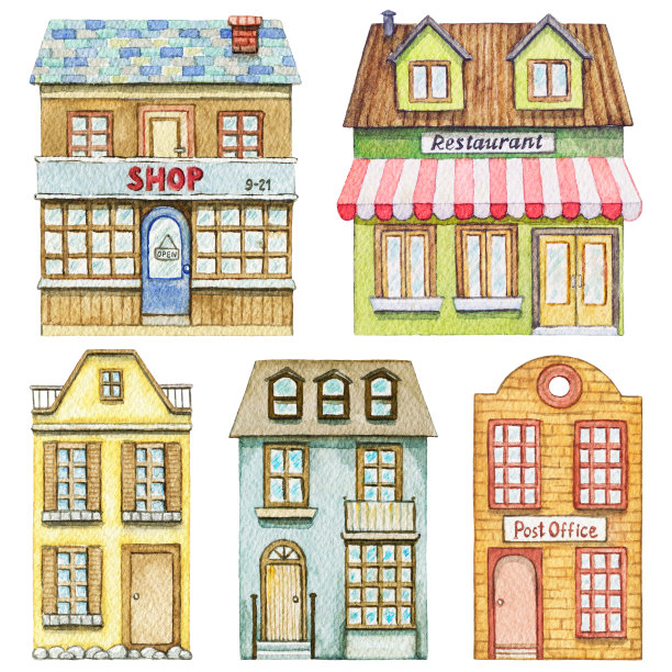 水彩设置五个可爱的卡通城市建筑图片下载