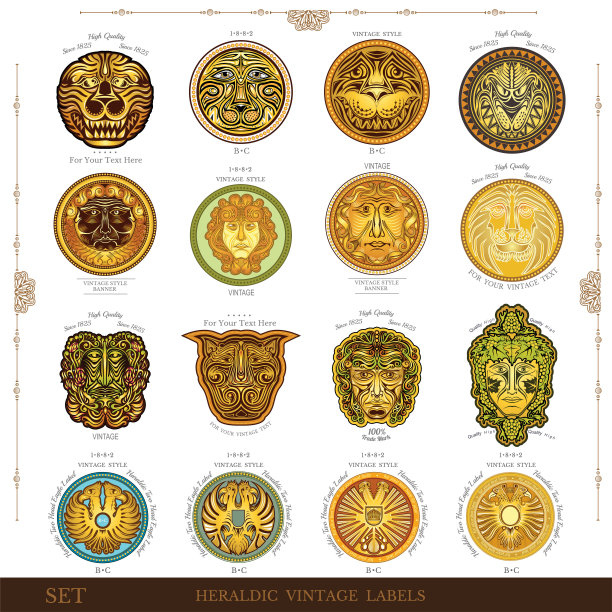 一套颜色复古皇家标签与狮子鹰和人的脸图片下载