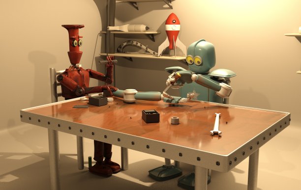 复古机器人正在修理他的手，3d渲染图片下载